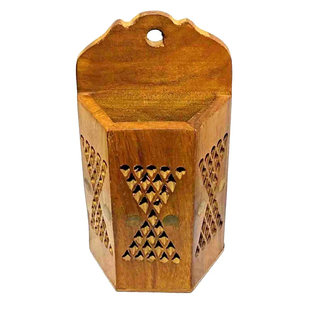 Carved Teak Wood Match Box Incense Wall Pocket Pierced Pattern Brass Studs Inlay